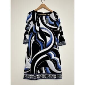 NWT $98 White House Black Market Blue Black White Swirl Print Jersey Dress Sz S